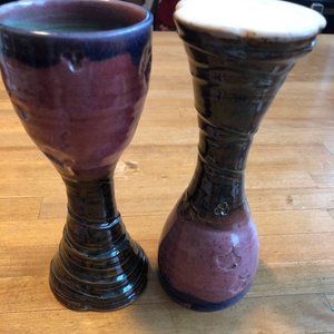 2 Pink Purple Brown 7" Tall Handcrafted Stoneware Art Pottery Goblet Glazed